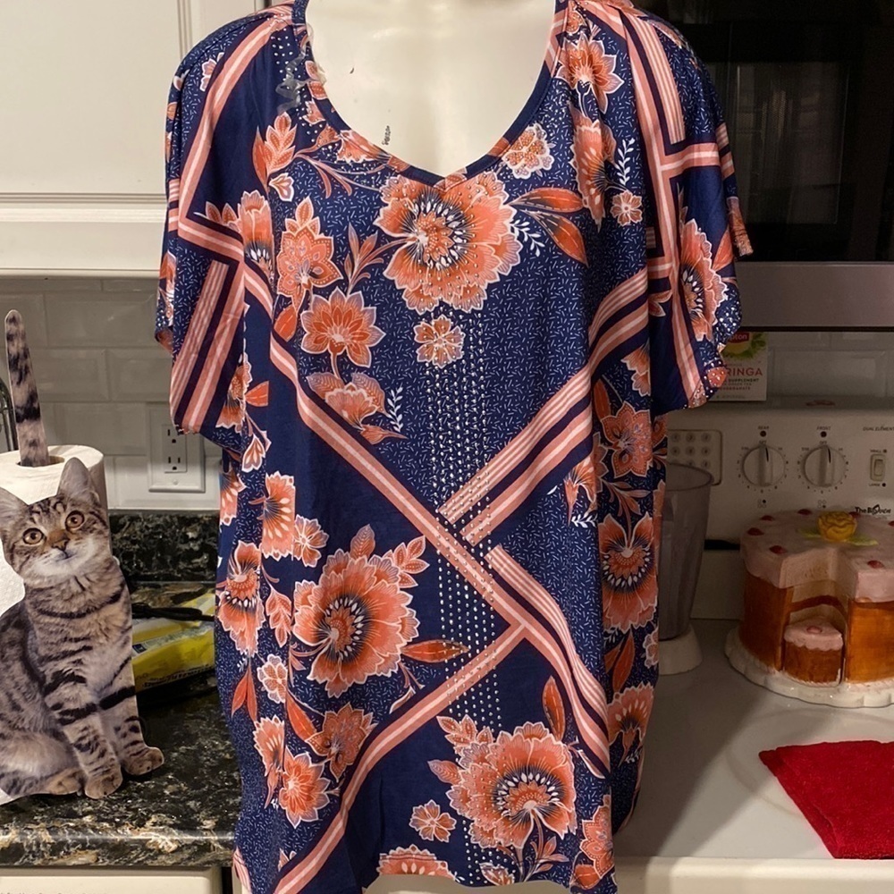 G Gloria Vanderbilt floral casual stretch cap sleeve plus size top size 3X